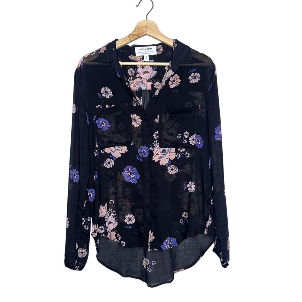 Cloth & Stone Anthropologie Tavira Floral Blouse Black Pink Purple Sheer Small